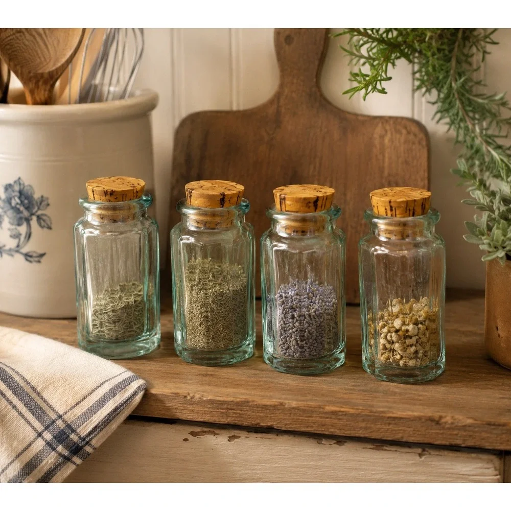Vtg Mini Apothecary Spice Jars Set of 4 Green Hexagonal Cork Glass